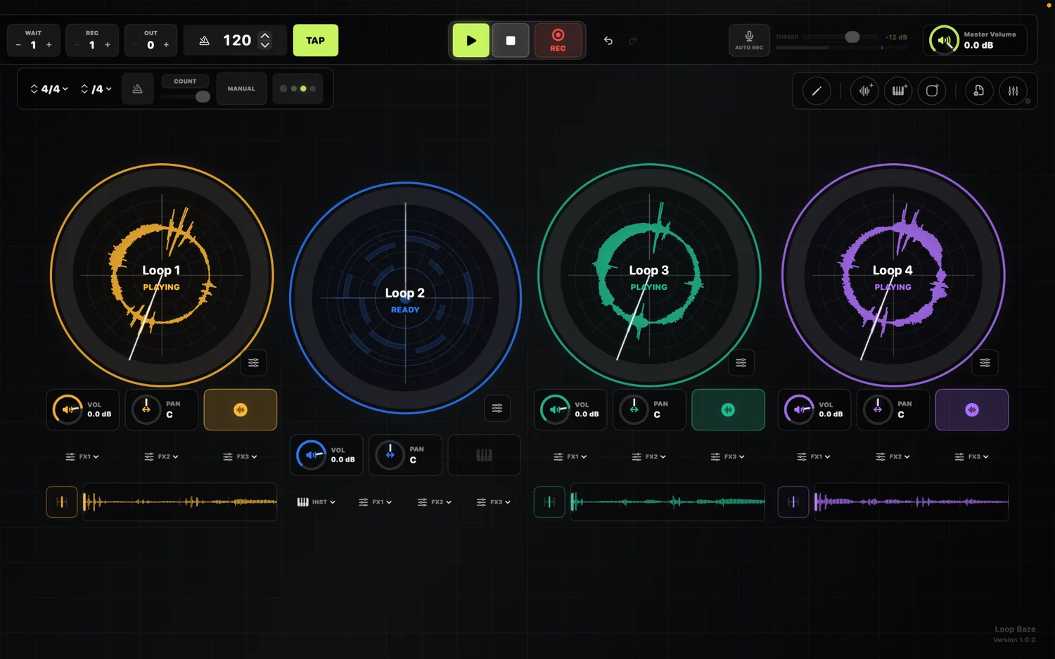 Loopit Live main performance screen with colorful circular loops